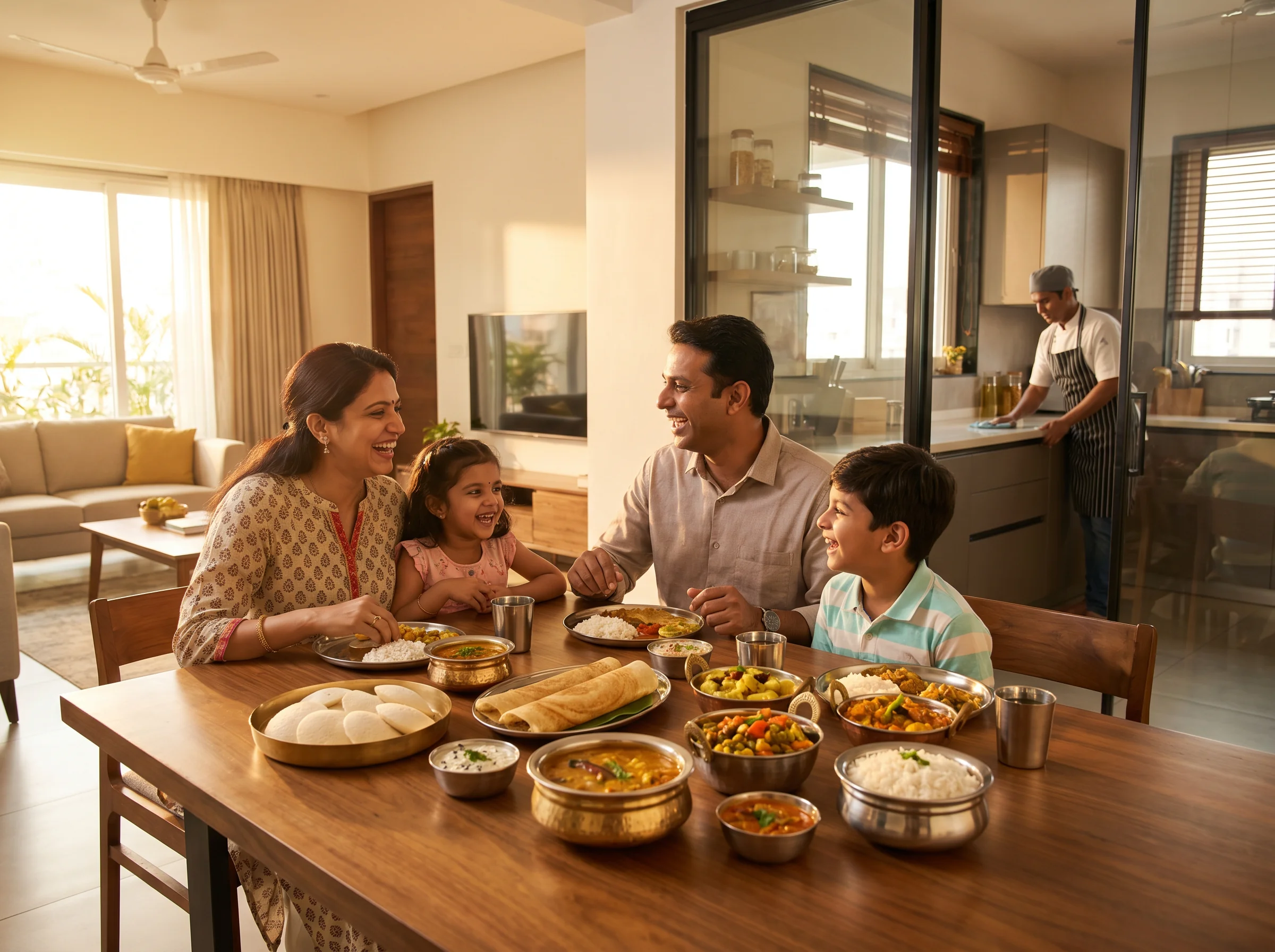 Happy Indian family enjoying AnnaChef home-cooked meal